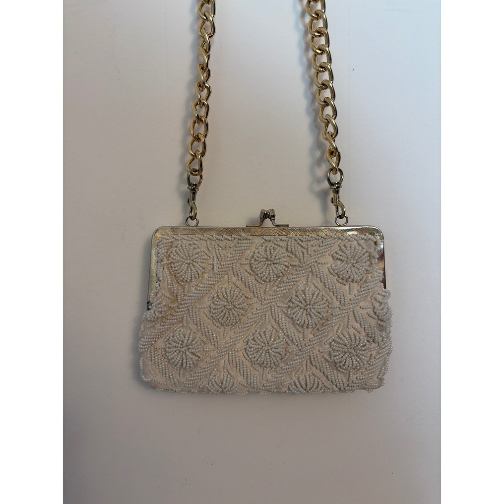 Walborg Beaded Clutch Bag Womens Small White‎ Fair Vintage Crossbody Chain Strap